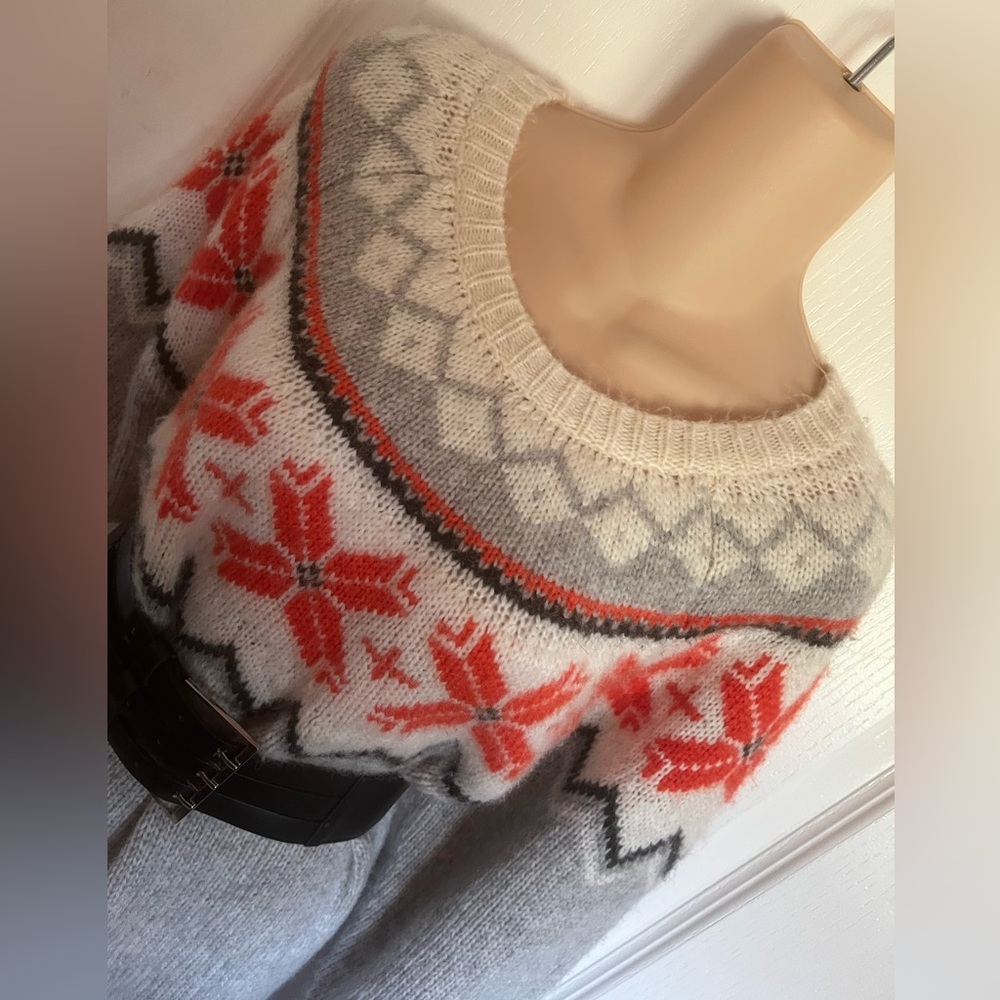 Aerie Gray Red Cream Fair Isle Oversized Sweater, Size XL